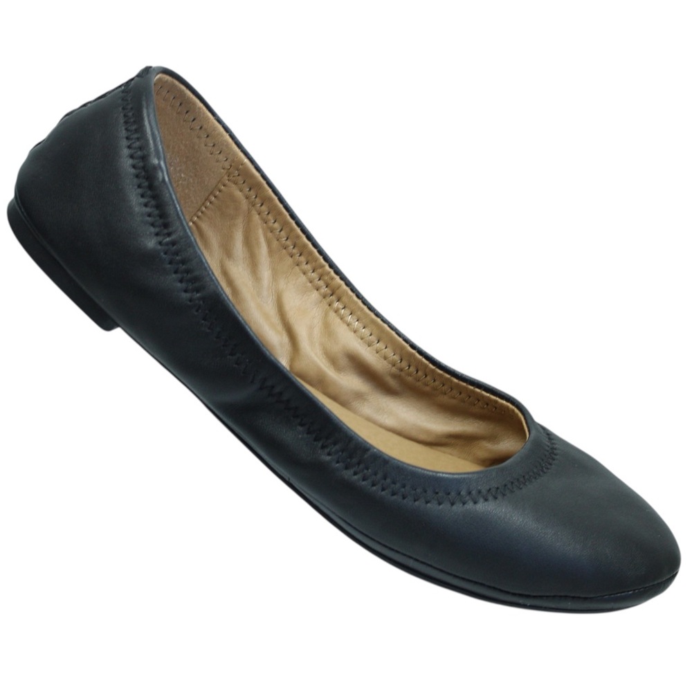 Lucky Brand Erin Leather Ballet Ruched Topline Womens Black Flat Shoes Size 7.5